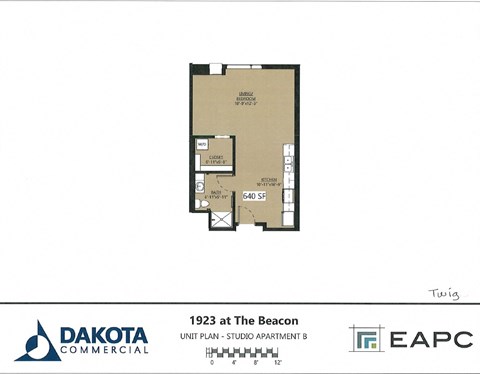 Floor plan for studio, 1 bath, 640 sqft